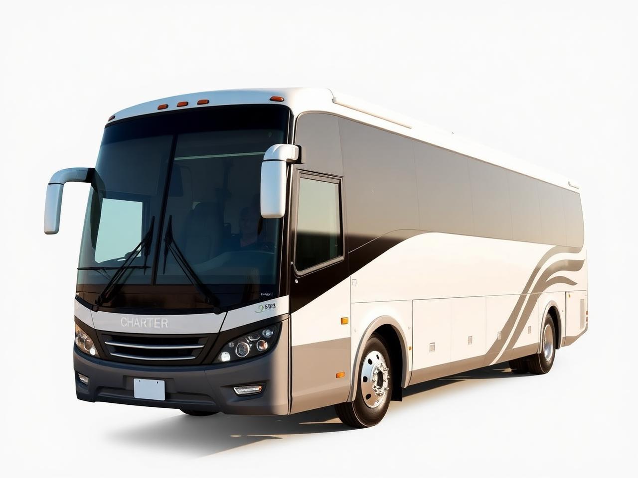 Charter motor coach in neutral livery, three-quarter view