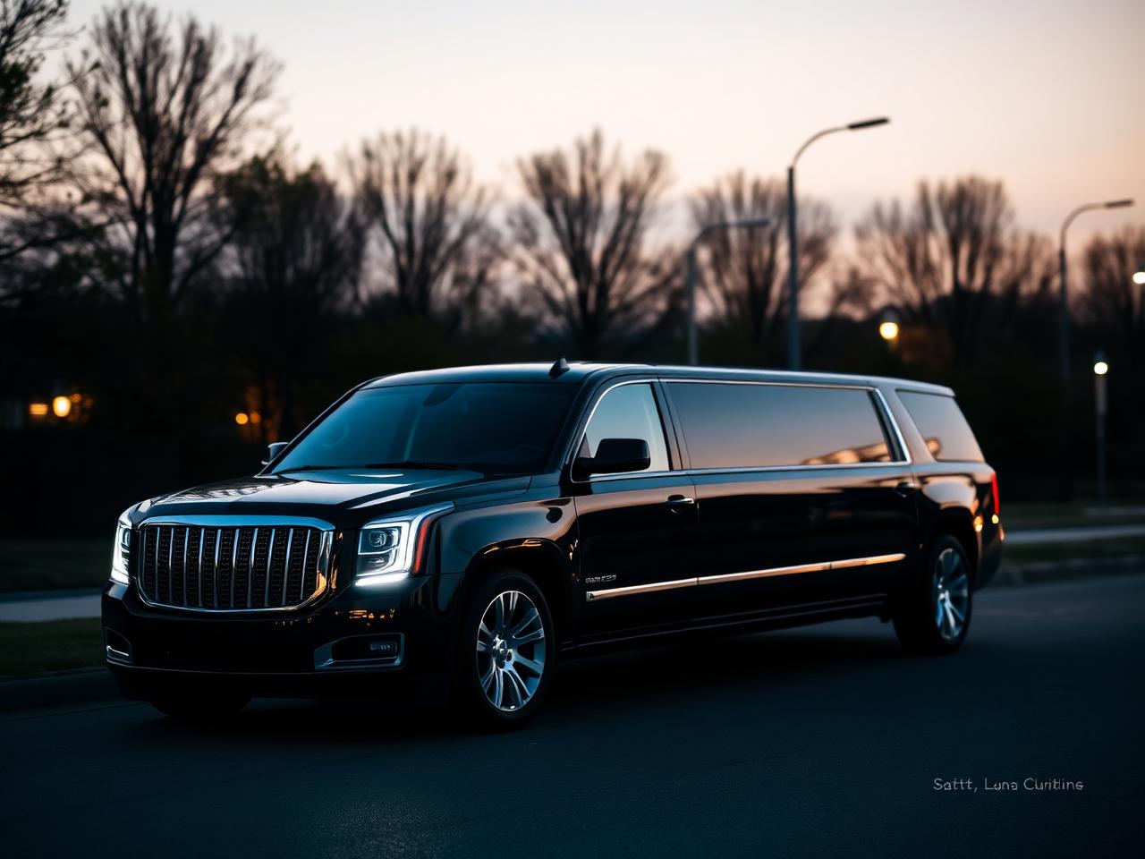 Black seven-passenger limousine at dusk