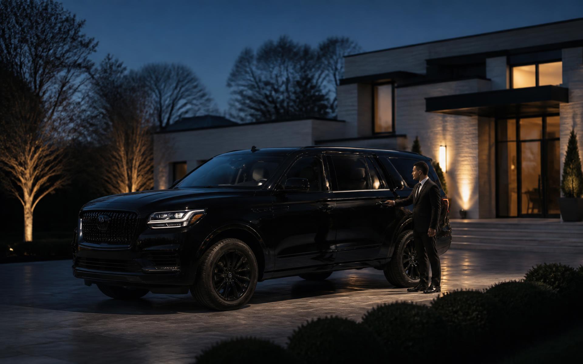 Chauffeur opening the rear door of a black Lincoln Navigator at dusk