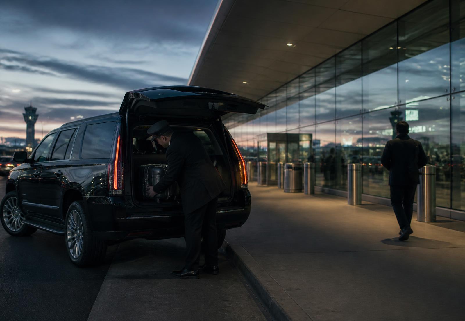 Chauffeur loading luggage into an SUV at an airport departures curb before dawn