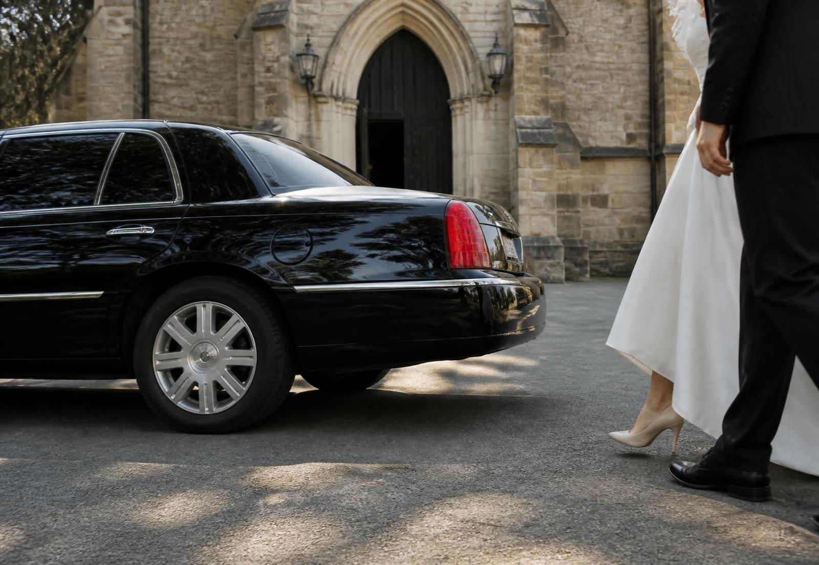Black limousine waiting outside a stone church as a couple approaches